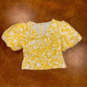 Banana Republic Bubble sleeve abstract floral seamed v neck fitted top sz 4